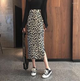 Skirts 2023 Spring And Summer Wild Mid-length Split Cotton Knit Leopard Print Skirt Korean Fashion Female High-waist Knitted