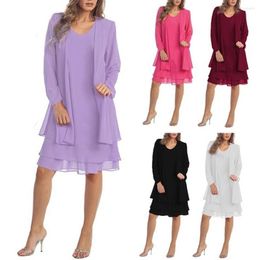 Casual Dresses Women's Chiffon Panel Long Sleeve Midi Dress Two Piece Set Solid Color Knee-length See Through Mesh Spring Autumn 2023