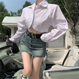 Women's Blouses Deeptown Cropped White Shirts Oversized Women Sexy Long Sleeve Tops Korean Style Y2k Streetwear Cardigan Kpop Fashion