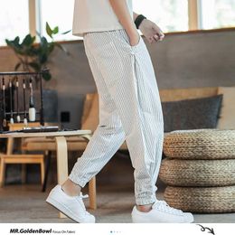 Men's Pants Sinicism Store Black White Striped Men Harem 2023 Fashion Man Casual Loose Cotton Linen Male Trousers 5XL