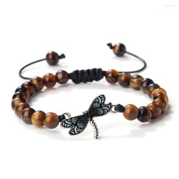 Strand Charm 6mm Natural Stone Tiger Eye Beads Bracelet Women Handmade Adjustable Dragonfly Pendant Bracelets Vintage Men Yoga Jewellery