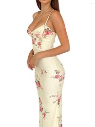 Casual Dresses Women Floral Print Cami Backless Low Cut Spaghetti Strap Bodycon Dress 90s Vintage Summer Party Club (Cute Apricot
