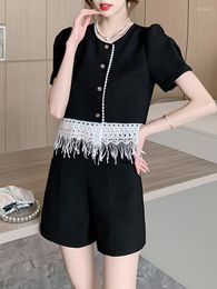 Women's Tracksuits Summer Fashion Korean Elegant Shorts Suit Women Short Sleeve Tassel Spliced Shirt Tops Mini Two Peice Sets Womens Outfit