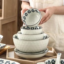 Bowls Blue Small Flower Tableware Household Ceramic Plates Els Underglaze Coloured Double Ear Baking