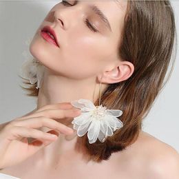 Hoop Earrings Petal Drop Large Women Earring Big Flowers Dangle With Chiffon Floral Tassel For Vacation Wedding (Ivory)