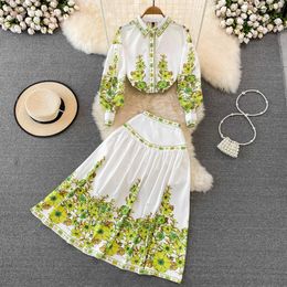 Two Piece Dress New Runway 2 Pieces Skirt Suit Women's Lantern Sleeve Green Blouse Shirt And A-Line Pleated Skirt Set Holiday Beach Outfits 2023