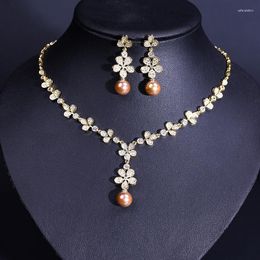 Necklace Earrings Set Gold Colour Pendant Pearl Zircon Two Pieces Bridal Wedding Dress Jewellery Baroque