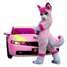 Long-haired Fabric Suit Wolf Fox Pink Husky Dog Mascot Costume Suit Adult Party Game Dress with Fan Halloweent Costume Walking Hallowe