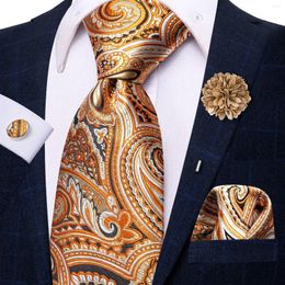 Bow Ties Paisley Orange Mens Necktie Luxury 8.5cm Silk Business Tie Hanky Cufflinks Brooch Wedding Gift For Men Hi-Tie Designer