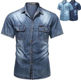 Men's Casual Shirts 2023 Summer Men Denim Mens Short Sleeve Soft Cotton Slight Elastic Jeans Top Male Cowboy Shirt Vintage Clothing XXXL