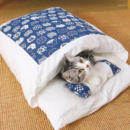 Cat Beds Japanese Bed Warm Sleeping Bag Enclosed Deep Sleep Cats Nest Removable Pet Dog Mat With Pillow House Supplies