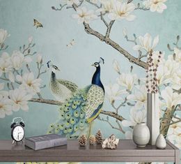 Wallpapers Customise 3d Wallpaper Peacock White Flowers On The Blue Background Animal Wall Papers Home Decor