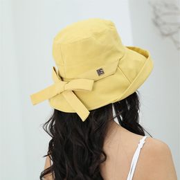 Spring Summer Women Wide Brim Sun Shade Cotton Fisherman Bucket Hats Bowknot Decor Ladies Solid Foldable Tourism Hat Sunhat273Z