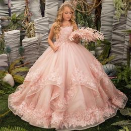 Girl Dresses Flower Dress 2023 Tulle Layers FlowerEmboridery Communion Backless Little Bride Ball Gown