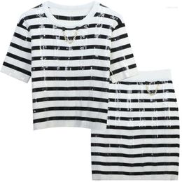 Work Dresses High Quality Black White Striped Patchwork Sequin Embroidered Metal Chain Two-Piece Set 2023 Summer Casual