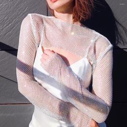 Scarves Colourful Shawl Net Shiny Rhinestones O-Neck Long Sleeve Hollow Out Short Top Women See-Through Mesh Dance Cover Up Club Wear