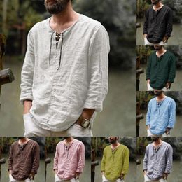 Men's Casual Shirts Plus Size Cotton Line Men'S Long Sleeve Shirt Retro Solid Mediaeval Lace Up V Neck Loose Soft Daily Streetwear Male