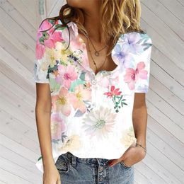 Women's Blouses Women'S Button Up Shirt Cotton Imitation Linen Short Sleeve Printed Floral Blouse Pocket Female Shirts Blusas 2023