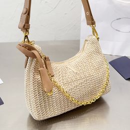 Designer Women Raffia Straw Hobos Weave Shoulder Bag Italy Milano Luxury Brand P Embroidery Logo Underarm Bags Lady Chain Strap Hobo Handbag