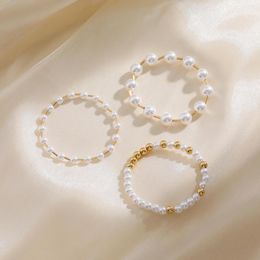 Strand Kpop Pearl Beaded Bracelet For Women Gold Color Metal Elastic Chain Fashion Summer Stack Wear Charm Wedding Jewelry