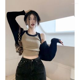 Women's Knits Fall Korean Fashion Short Sweater Sexy Girl Chic 2 Pieces Slim Knit Crop Top Camis&Long Sleeve Cardigan Sets Knitwear