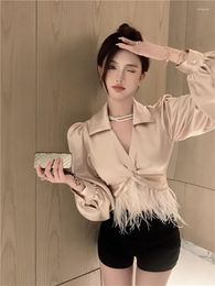 Women's Blouses Fashion Sexy Cross V-neck Short Shirt French Tassel Fur Hem Black Champagne Satin Blouse Long Sleeve Slim Crop Top