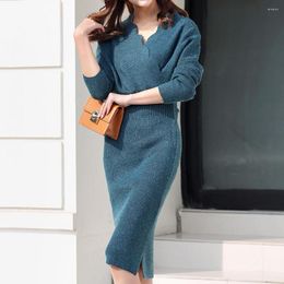 Casual Dresses V-Neck Long Sleeve Sweater Dress Autumn Winter Lace Neck Side Split Midi Knitwear Party Vestido Feminino