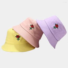 Berets Embroidery Yellow Hat Fisherman Hip Hop Fishing Harajuku Sun Prevent Bucket Cap Summer Cherry Strawberry Rose