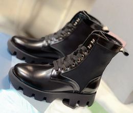 2023 Designer Paris Rocksand Leather Nylon Combat Boots Cross Tied Rivet Triangle Pattern Ankle Booties Flat Platform Sneakers Size 35-41