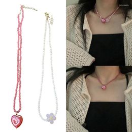Pendant Necklaces 2-Piece Necklace Set Love-heart Collar Chain Beaded Neckalces Floral Adjustable Length Fashion Jewellery
