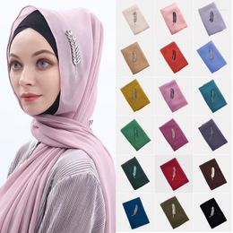 Scarves Fashionable Muslim Lady Chiffon Long Scarf Leaf Rhinestone Decorative Headscarf Arab Hijab Soild Color Shawls Headwear Turban