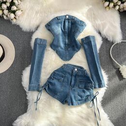 Women's Tracksuits Summer Fashion Set Bra Denim Top With Sleeves Two-piece High Waisted Drawstring Wide Leg Shorts