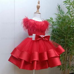 Girl Dresses Red Feather Flower 2023 Bow A-Line Satin Real Picture Wedding Party Dress Knee-Length Tulle Princess Gowns