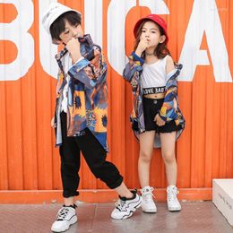 Stage Wear Boy Or Girl Hiphop Hip Hop Costume Children Flower Shirt Black Pants Trousers Jazz Belly Dance Kids Performance Clothes Clothing