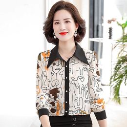 Women's Blouses Autum Basic Office Lady Blusa Turn-down Collar Vintage Print Tops Elegant Chiffon Women Loose Casual Shirts