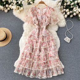 2023 Casual Dresses Designer Runway Fashion Midi Dress Summer Women Beaded V-Neck Mesh Flower Embroidery Ruffles Slim Cascading Dress