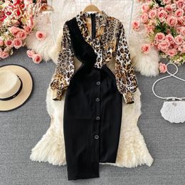 Casual Dresses Spring Autumn Sexy Leopard Patchwork Office Work Dress Print Irregular Design High Waist Mid-long Wrap