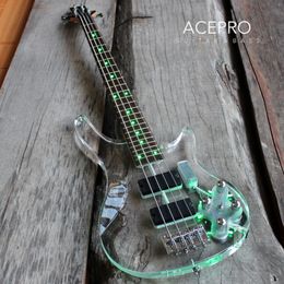 4 String Acrylic Body Electric Bass Guitar Green Blue Colourful Colour LEDs Light Maple Neck Rosewood Fretboard High Quality