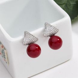 Stud Earrings Copper Spike Cubic Zirconia Exquisite Red Ball Women Fashion Cute For Girls Simple Elegant Woman