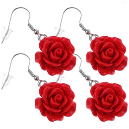 Pendant Necklaces Ethnic Style Jewellery Female Earrings Rose Flower Marriage Bride Decoration Red 2 Pairs 4pcs