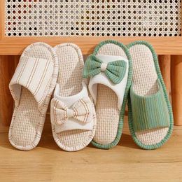 Slippers Summer Home Linen Bow Women Sandals Cute Indoor Shoes Non-slip Slides Ladies Flat Casual Comfort Woman