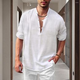 Men's Casual Shirts Men Spring Shirt Stand Collar Long Sleeve Solid Buttons V Neck Daily Wear Loose Breathable Fall Top Male Clothes