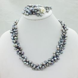 Necklace Earrings Set Its Gorgeous Classic Grey 3 Strand Baroque Freshwater Pearl And Bracelet 19"