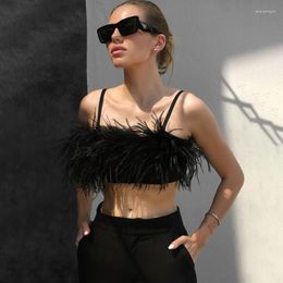 Women's Tanks 2023 Summer European And American Pure Desire Style Black Feather Stitching Camisole Female Sexy Girl Short Top