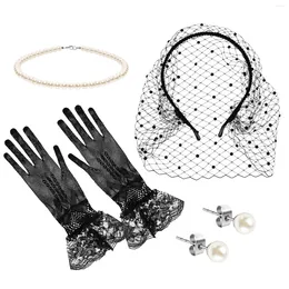 Bandanas Headband Glove Necklace Fascinators Women Black Veil Pearl Earrings Tea Party Gloves Studs Face Set