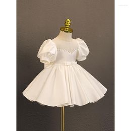 Girl Dresses Summer Simple Kids Birthday Party Dress White Satin Bow Flower O-Neck Puff Sleeve Knee-Length Ball Gown