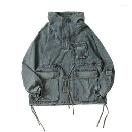 Men's Hoodies Vintage Hi Street Cargo Casual Jeans Sweatshirts Harakuju Streetwear Loose Pullover For Male Multi Pockets