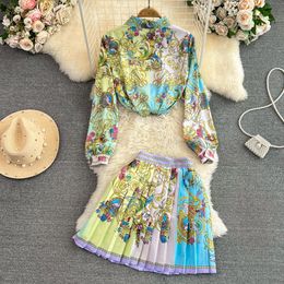Two Piece Dress Women Fashion Luxury Print Shirt Top + Pleated Mini Skirt New Spring Summer Vintage Long Sleeve Buttons Party 2 Piece Sets 2023