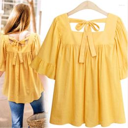 Women's T Shirts Shirt Woman Folds Bowknot Loose Lotus Leaf Sleeve Cotton Square Neck Solid Color Tshirts Clothing China JQMY391