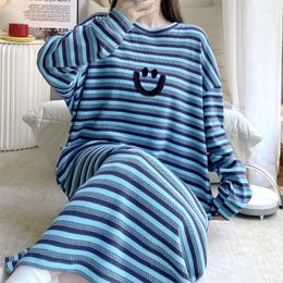 Women's Sleepwear Oversized Waffle Long Sleeve Striped Nightgown For Women Pyjama Sleep Night Dress Sexy Cotton Bathrobe Female Spring
